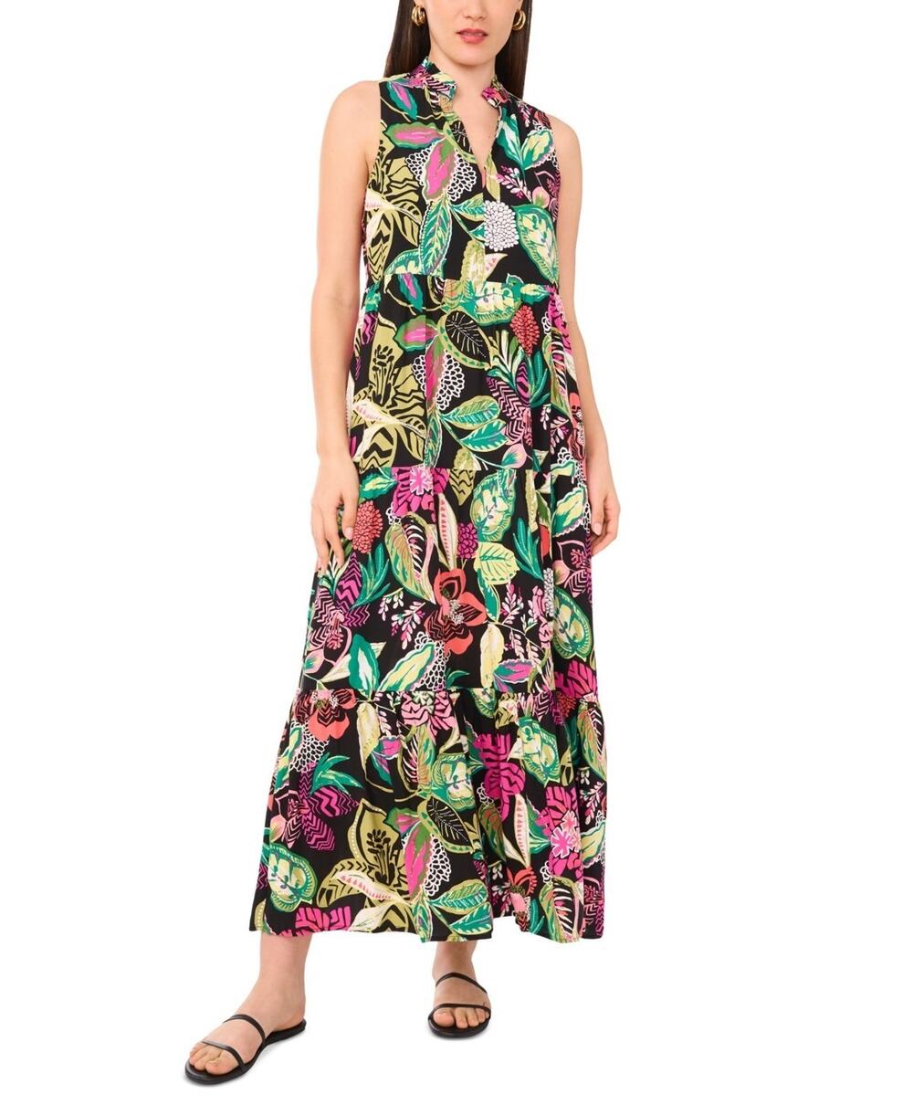 Vince Camuto Women's Printed Split-Neck Tiered Dress Multi Size S 4126